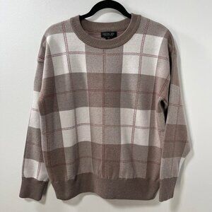Rachel Zoe Classic Plaid Crewneck Preppy Minimalist Neutral Sweater [size L]